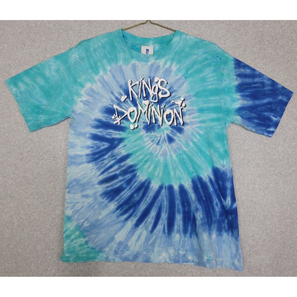 Kings Dominion Cedar Fair Amusement Park Tie Dye Graphic T-Shirt Blue Teal Large
